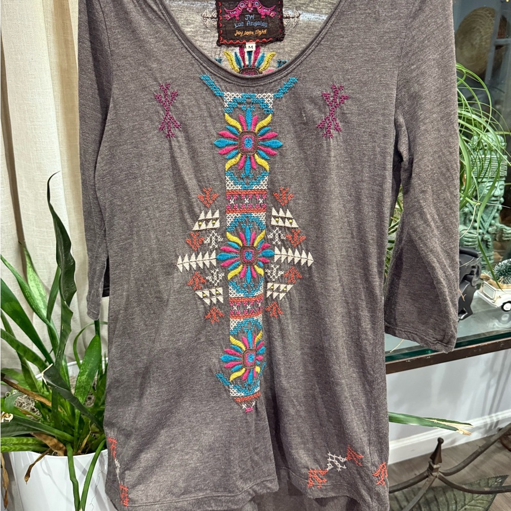Johnny Was Charcoal Embroidered Long Sleeve Tee